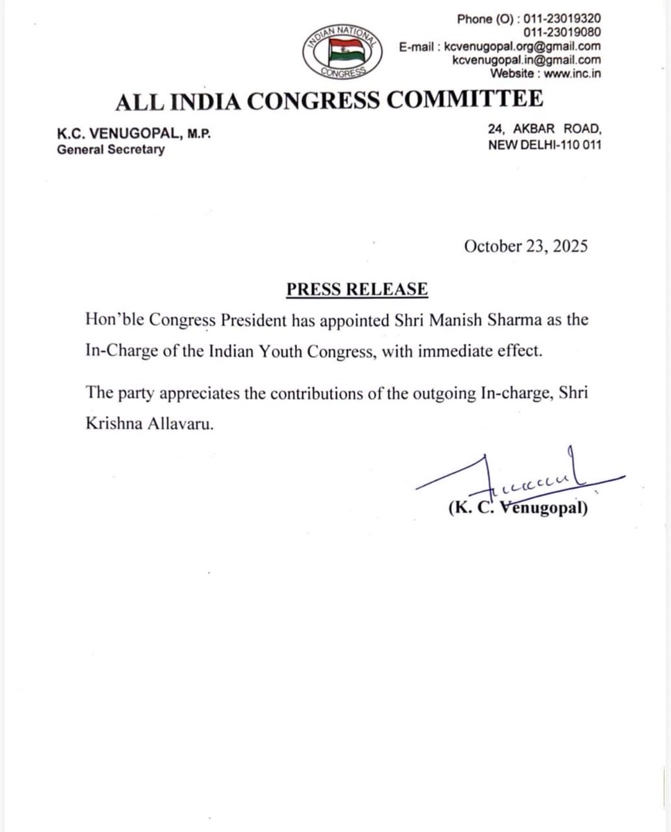 Hon'ble Congress President <a href="/kharge/">Mallikarjun Kharge</a> ji has appointed Manish Sharma Ji as the In-Charge of <a href="/IYC/">Indian Youth Congress</a> .

A hardworking and deeply organizational leader who has strengthened student and youth politics through years of dedicated work on the ground.

Best wishes, <a href="/KoiManish/">मनीष</a> ji. 🇮🇳💪