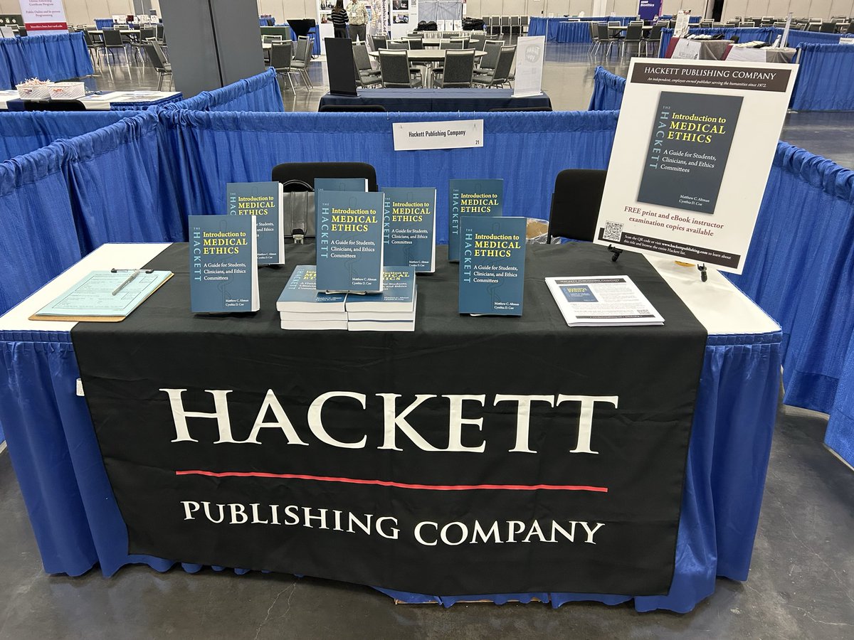 Come by the Hackett table in the networking area, exhibit hall A, all day today and tomorrow. Ask me about our new medical ethics text, get a free exam copy if teaching a relevant course, or order a print or ebook copy for yourself! <a href="/AmerSocBioHum/">ASBH</a> <a href="/HackettPub/">Hackett Publishing</a>