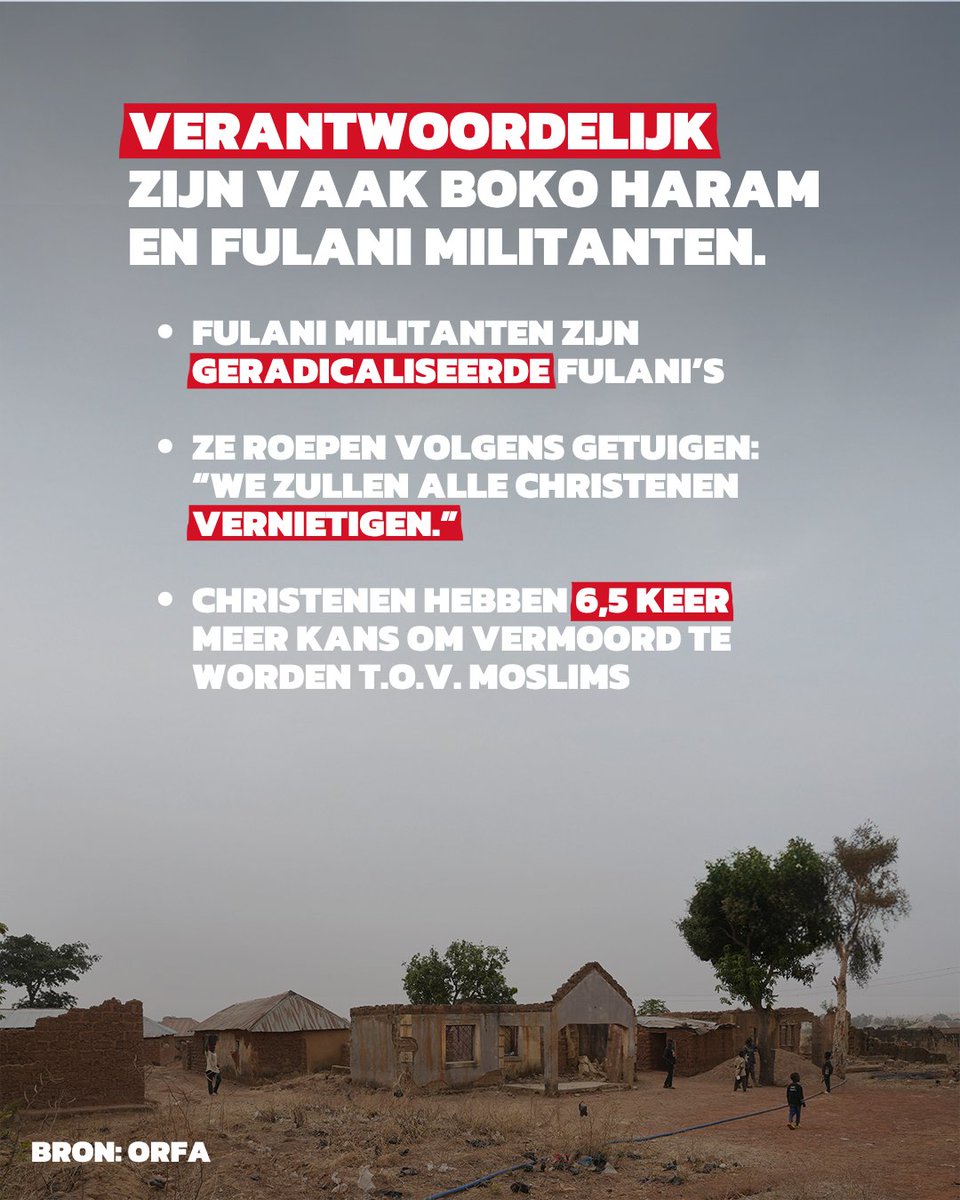Het geweld in Nigeria neemt toe, de feiten zijn afschuwelijk.

- 41.152 christenen vermoord in Nigeria sinds 2011.
- Meer dan 3 miljoen christenen zijn op de vlucht in eigen land.
- 11.610 aanvallen tussen 2020-2023 (Bron: ORFA)