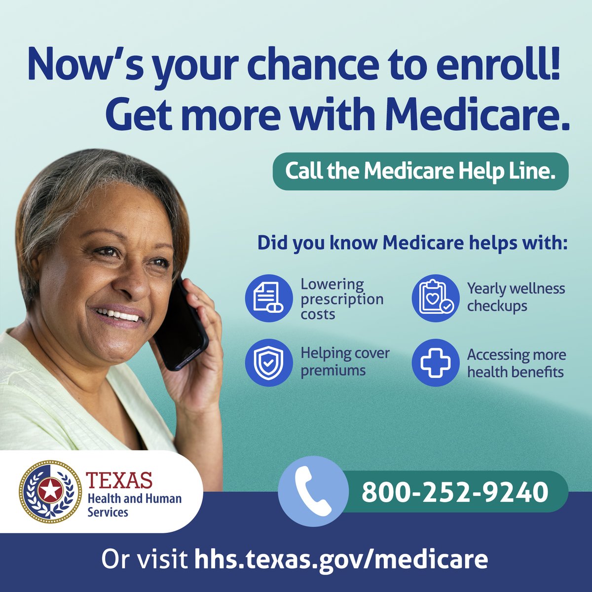 TexasHHSC's tweet image. Medicare enrollment is now open. Find out how to enroll today by calling the Medicare Help Line.

Call 800-252-9240 or visit hhs.texas.gov/medicare for more information.