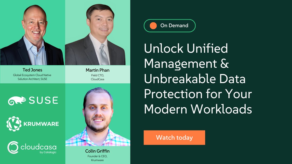 SUSE's tweet image. Kubernetes complexity? Not on our watch 😎
🎥 Catch the on-demand webinar with SUSE, @CloudCasa & @krumware
✅ Simplified management ✅ Stronger protection ✅ Lower TCO
▶️ Watch now: okt.to/bWNs8R
#Kubernetes #CloudNative #DevOps #SUSE #CloudCasa #Krumware