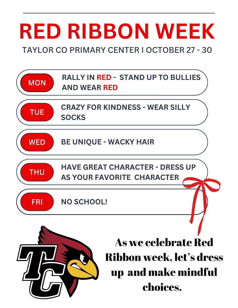 TC_Schools_KY's tweet image. 𝐑𝐄𝐌𝐈𝐍𝐃𝐄𝐑: Red Ribbon Week starts tomorrow, October 27, for our TCPC and TCIS students!

#tcpride #tccares #TCFRC #tcpc #tcis