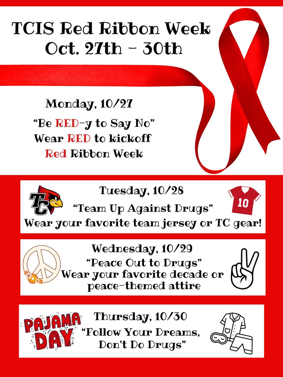 TC_Schools_KY's tweet image. 𝐑𝐄𝐌𝐈𝐍𝐃𝐄𝐑: Red Ribbon Week starts tomorrow, October 27, for our TCPC and TCIS students!

#tcpride #tccares #TCFRC #tcpc #tcis