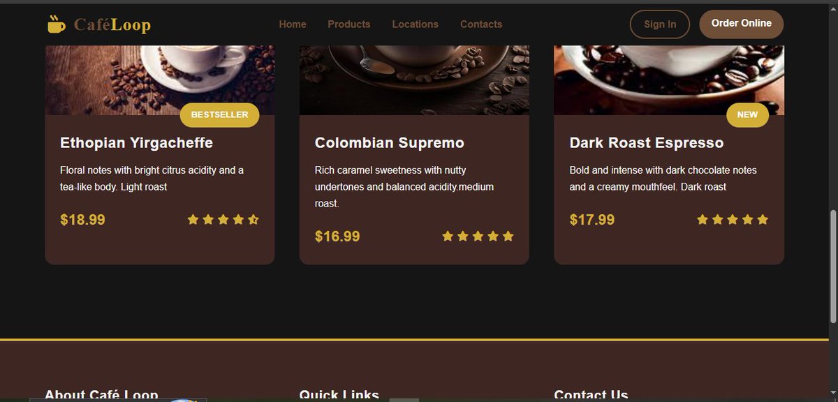 Code_withdami's tweet image. Learning by building ☕
Created this coffee shop website while following a tutorial and exploring hover effects, layout design, and basic JavaScript interactions.
#WebDevelopment #buildInPublic #Frontend