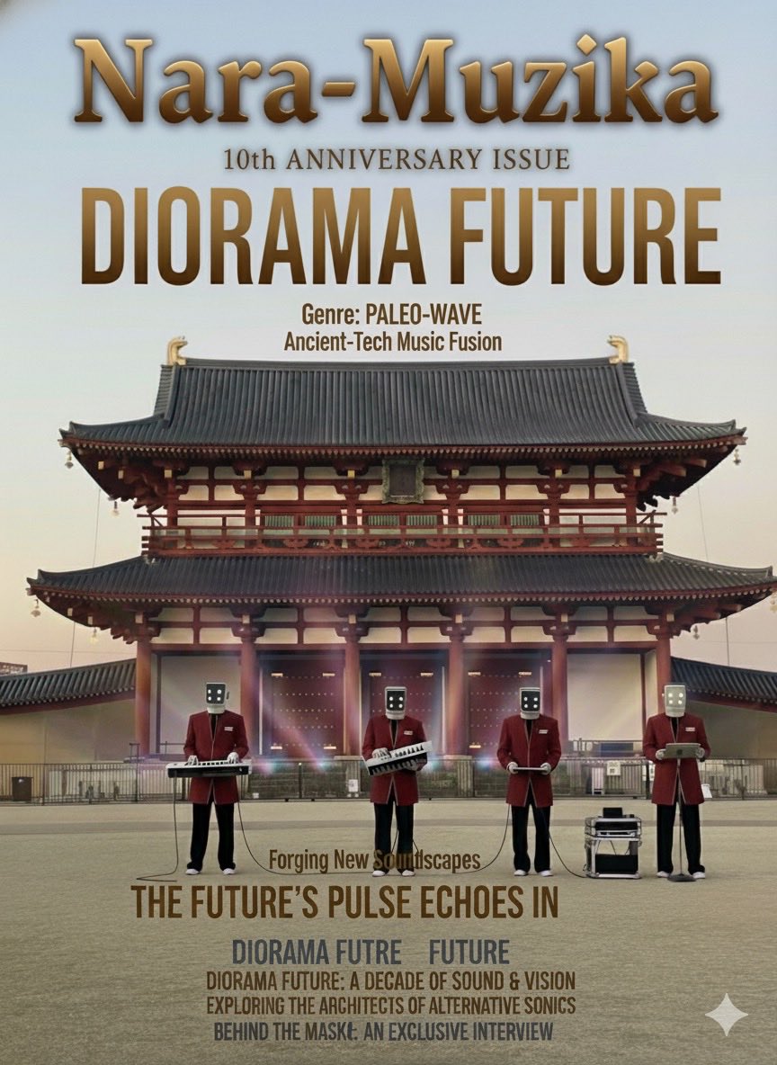 nakabajasi's tweet image. 奈良から発信する音楽情報誌ナラムジカ。今月号の特集記事には、謎の4人組音楽集団Diorama Future（ジオラマフューチャー）が登場。Paleo-Waveと呼ばれる古代とテクノのミクスチャー音楽を確立した背景について語ります。（という架空の記事）
#Gemini #Veo3