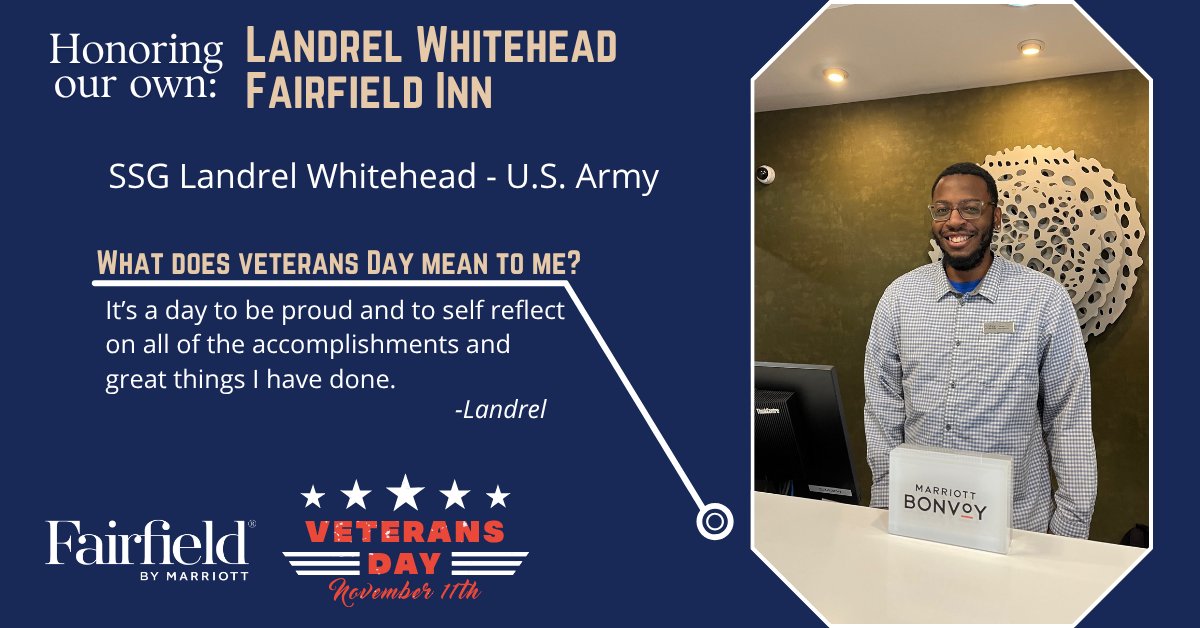 FortWoodHotels's tweet photo. Meet Landrel, who proudly served in the U.S. Army.  When asked what Veterans Day means to him, he shared: "It's a day to be proud and to self-reflect on all the accomplishments and great things I have done."

We are happy to have you on our Fairfield Inn by Marriott Fort Leonard Wood St. Robert team.  Thank you for your service. #VeteransDay #Fairfield #FortWoodHotels