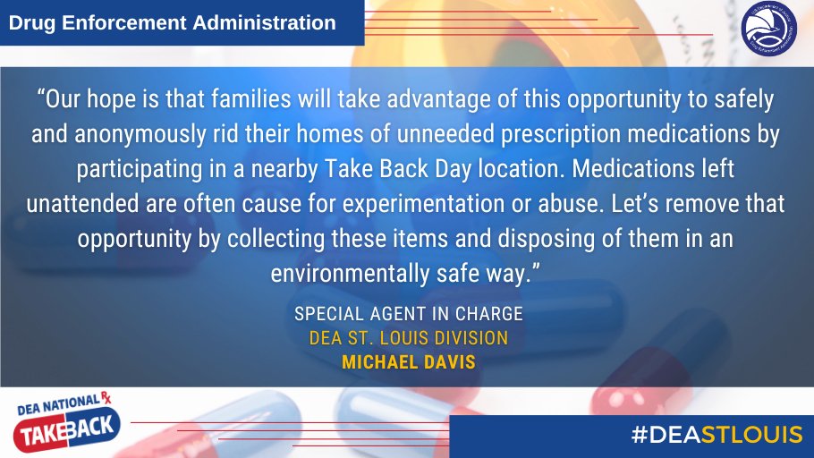 DEA Hosts the 29th National Prescription Drug #TakeBackDay, on Oct. 25th, from 10 am to 2 pm, local time.  Safely &amp; anonymously dispose of expired, unwanted, &amp; unused Rx meds to help prevent Rx drug misuse &amp; reduce the potential for overdoses &amp; poisonings.
dea.gov/press-releases…