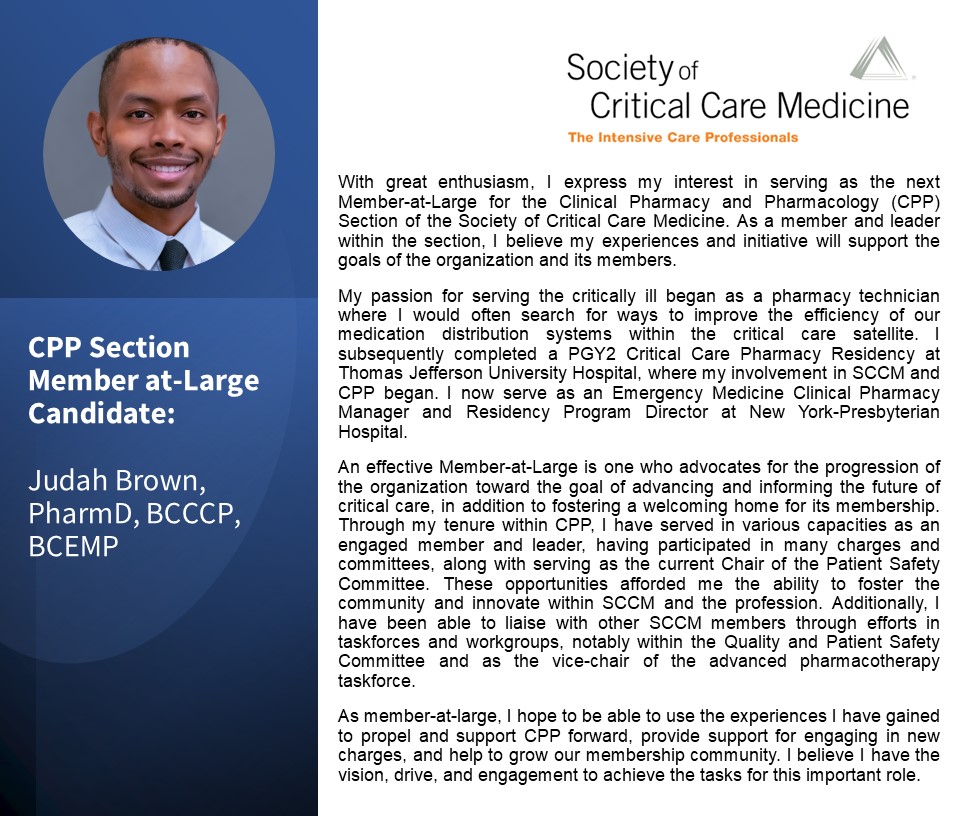 SCCM_CPP's tweet image. ✨Introducing the Candidates✨  
Meet Judah Brown, candidate for MAL. See below for his bio!
🗓️Cast your vote for one Secretary/treasurer and one MAL candidate by 11/10 @ 23:59 CST. Check Connect for more details.
tinyurl.com/54ubam4m
#PharmICU #SCCM