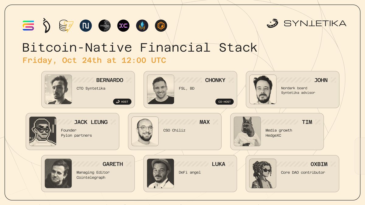 💡 This Friday we’ll explore how Syntetika builds the Bitcoin Native Financial Stack, turning BTC into a productive asset, connecting TradFi and DeFi, and powering the next evolution of the Internet of Assets!

🎙  Expert voices:

<a href="/LilicJohn/">John Lilic</a>, <a href="/Max_Rabinovitch/">Max Rabinovitch</a>, <a href="/Beler/">LukaSkywalker</a>, <a href="/0xBim_gg/">0xBim</a>,