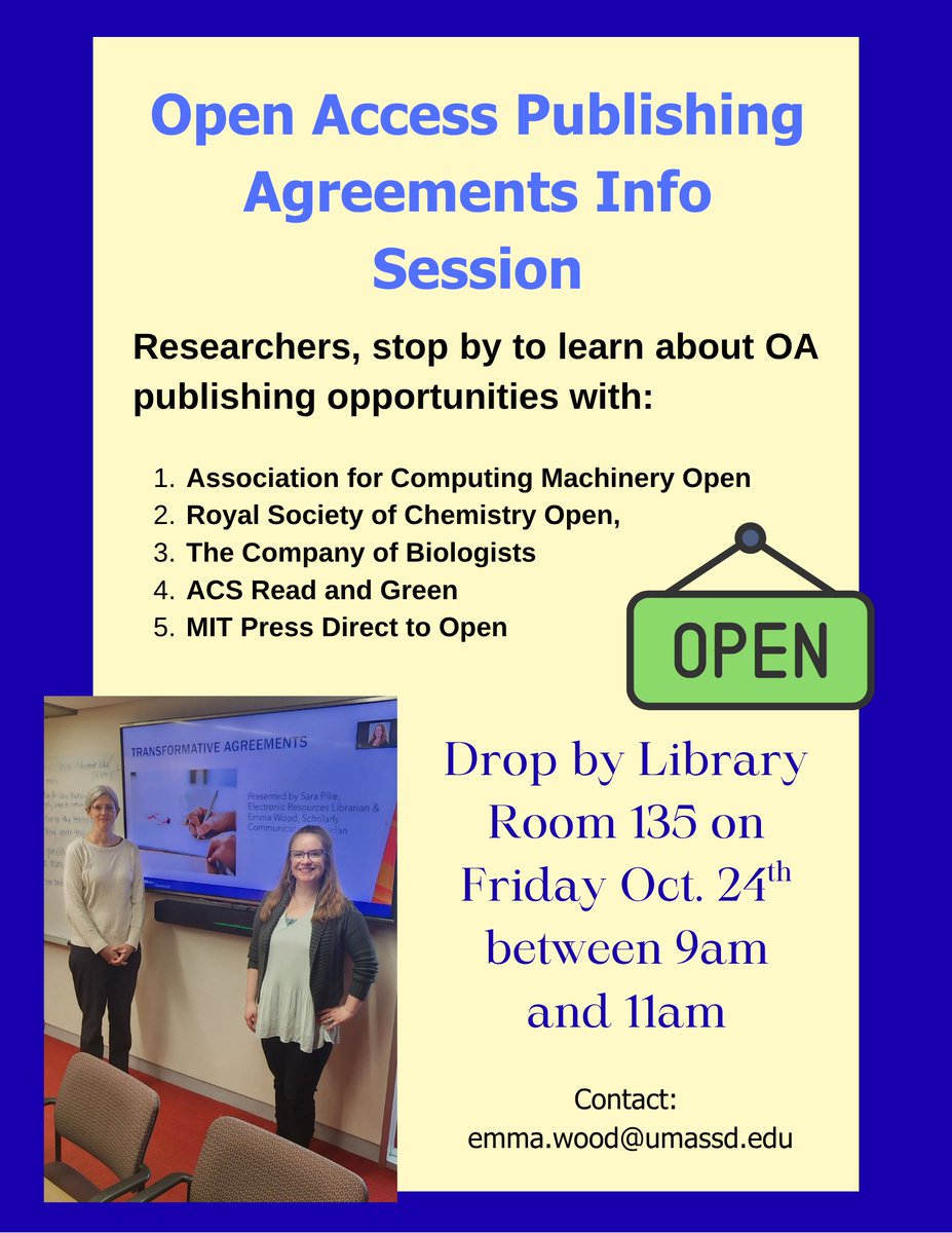 Happy Open Access Week! Faculty, drop by tomorrow to learn about OA publishing opportunities with the Association for Computing Machinery, Royal Society of Chemistry, The Company of Biologists, ACS Read and Green, and MIT Press Direct to Open.