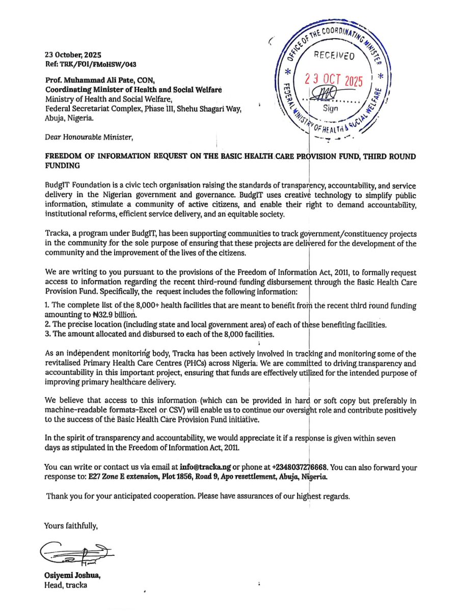 TrackaNG's tweet image. Dear @muhammadpate and @Fmohnigeria,

We have filed an FOI request with you on this ₦32.9bn third-round BHCP funding, following the Red Letter call for citizens&apos; monitoring.

All things being equal, N50.6m per 774 LGAs or N4.9m per 8,000 facilities are mere speculative figures;…