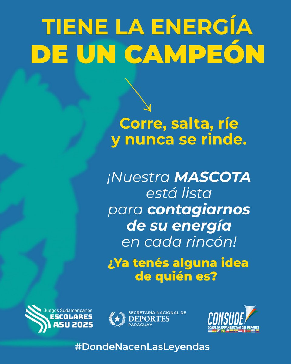 ¡Ya casi llega el momento! 
Nuestro compañero oficial está listo para presentarse y acompañarnos en esta gran fiesta del deporte escolar 🎉🇵🇾

Mañana vas a conocer a quien representara con alegría, energía y  mucho espíritu a nuestros jóvenes atletas 💪🙌

#DondeNacenLasLeyendas