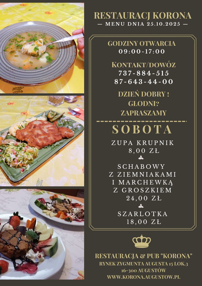 KORONA_Augustow's tweet image. #Sobota 25.10.2025
- Zupa krupnik 8,00 zł
- Schabowy z ziemniakami i marchewką z groszkiem 24,00 zł
- Szarlotka 18,00 zł
#restauracja #Augustów #zupa #krupnik #schabowy #marchewką #groszkiem #szarlotka #deser #Podlasie #podlaskie #Polska