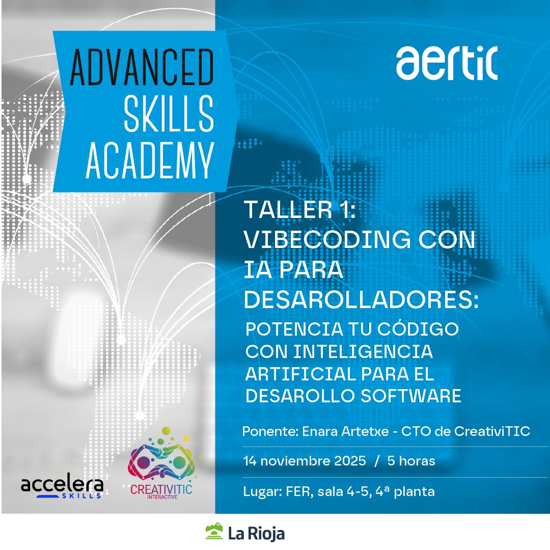 AERTIC's tweet image. 🚀 ¡Nueva capacitación #AdvancedSkillsAcademy de AERTIC!
📅 Solo para socios
Vibecoding con IA para desarrolladores: potencia tu código con inteligencia artificial
Plazas limitadas (8–15)
#IA #DesarrolloSoftware #TalentoDigital #LaRioja
