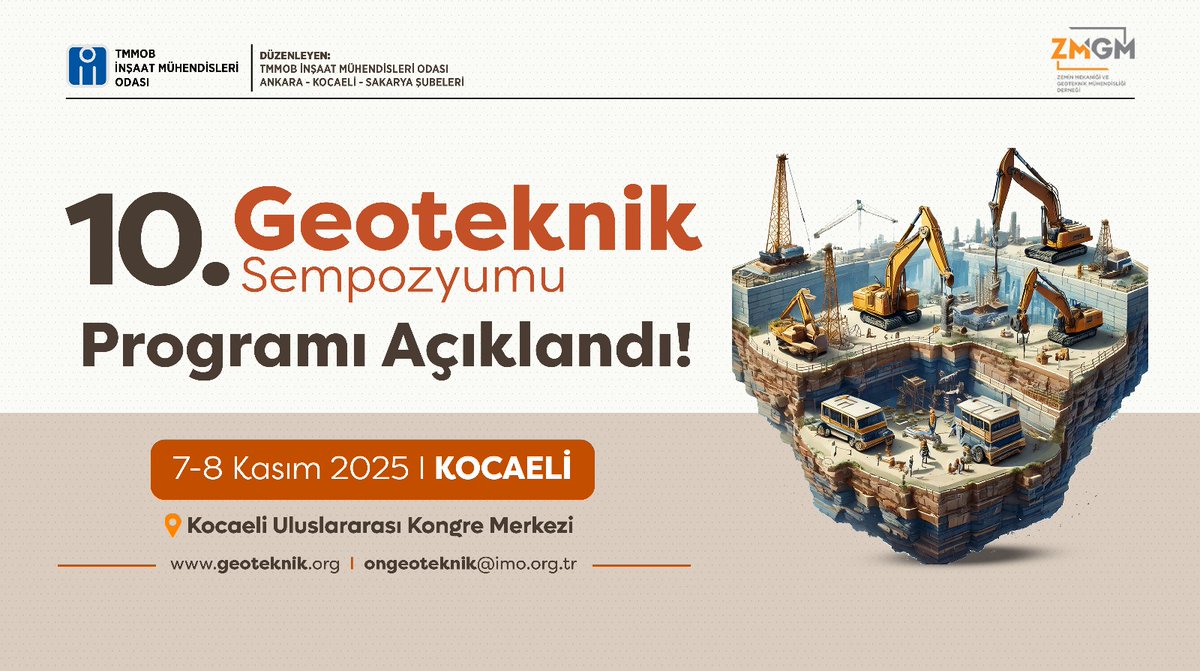 📢 10. Geoteknik Sempozyumu Programı Açıklandı! 

📌Detaylı bilgi için👇
imo.org.tr/TR,211955/10-g… 
📌Program için 👇
geoteknik.org/program
   
<a href="/imomerkez/">İnşaat Müh.Odası</a> <a href="/IMOAnkaraSubesi/">İnşaat Mühendisleri Odası Ankara Şubesi</a> <a href="/ImoKocaeli/">İMO KOCAELİ</a> 
<a href="/ImoSakarya/">TMMOB İnşaat Mühendisleri Odası Sakarya Şubesi</a>
