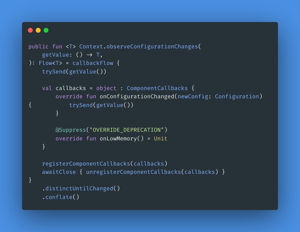 Sotttti's tweet image. ViewModels survive configuration changes, your UI can get stale with "pully" state.
Observe system locale, contrast, or dark mode... converting onConfigurationChanged into a clean Kotlin Flow.
#AndroidDev #Kotlin #Flow #JetpackCompose #ViewModel
gist.github.com/Sottti/a8517b5…