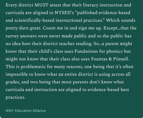 Poor <a href="/tarjaparssinen/">Tarja Parssinen</a>. She’s seeking literacy improvements in NY, the worst state in the country on reading reform. I also live in NY, and my daughter has grown up in not one but two districts that have clung to Lucy Calkins.

New York’s main “reform” has been requiring districts
