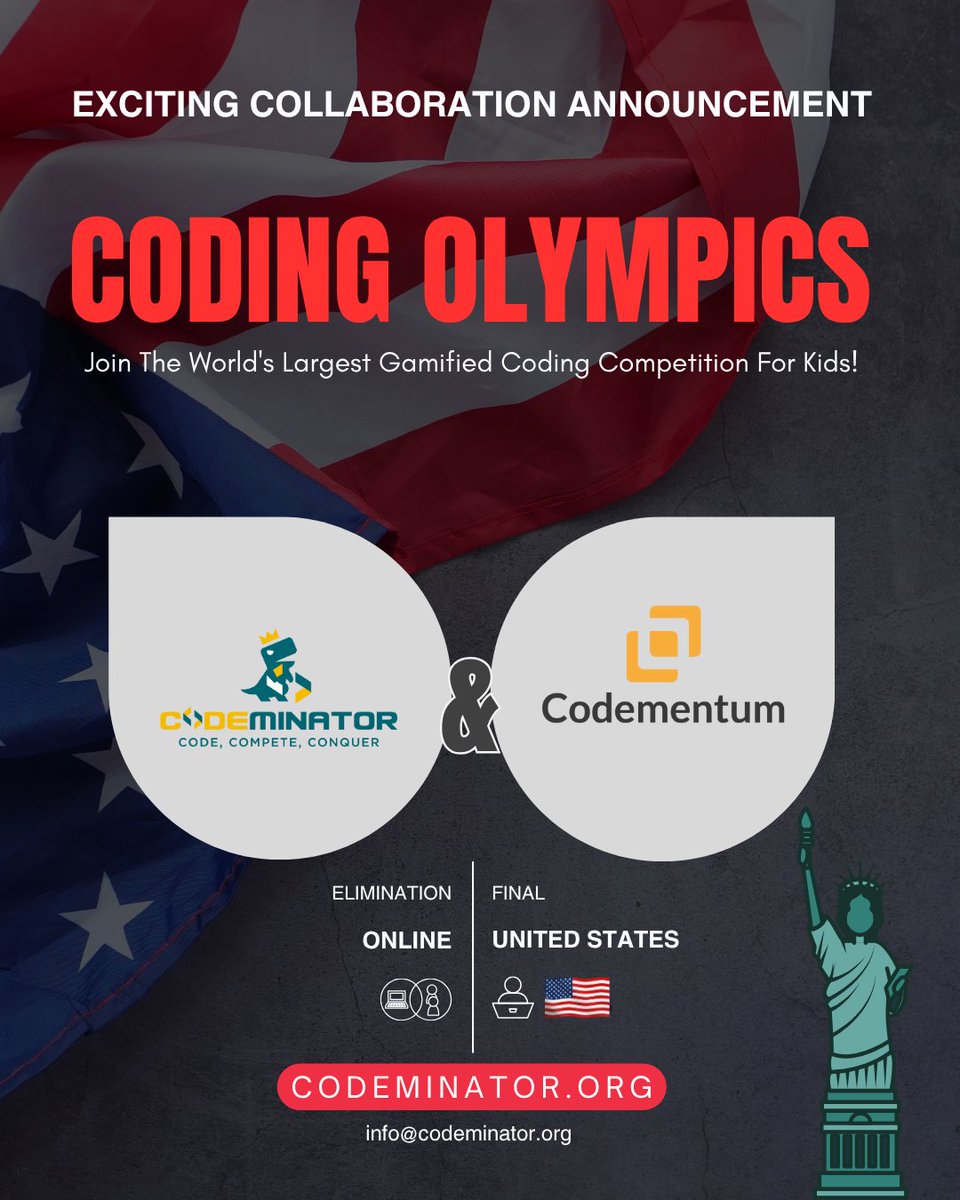 Codementum1's tweet image. Official Announcement! 🚀
We're thrilled to partner with @codeminator81 to bring you an incredible new Coding Competition!
Code. Compete. Conquer 🎯
Get ready to test your skills and compete for amazing prizes.
Details 👉 codeminator.org
#codingolympics #coding #k12