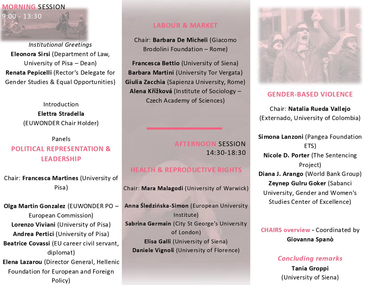 The EUWONDER Final Conference
202_FROM BEIJING
TO TODAY

🔴KEY THEMES🔴
Rights &amp; Representation
Work &amp; Welfare
Care &amp; Health
Gender &amp; Violence

📅November 14 - 09:00 am
📍Le Benedettine, Pisa

euwonder.jus.unipi.it/events/final-c…

#gender #genderdiscrimination #rights