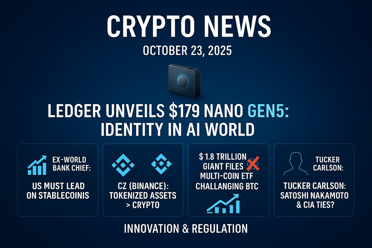 cryptomoda_ca's tweet photo. Ledger drops its $179 Nano Gen5 wallet redefining digital identity in the AI age. CZ says tokenized assets will surpass crypto. U.S. urged to lead on stablecoins, Wall Street enters multi-coin ETFs, and Revolut wins MiCA license in Europe.
Innovation meets regulation in today’s crypto landscape.
https://t.co/fcoVXuVahA