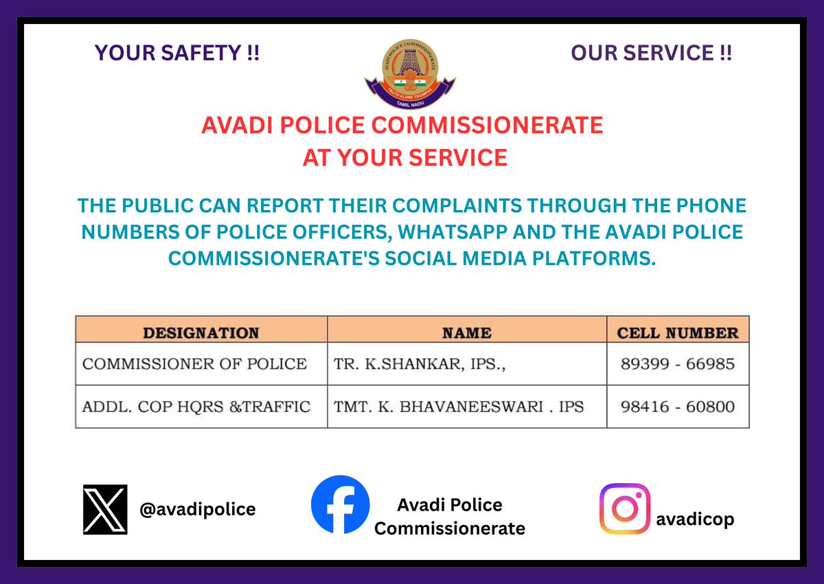 avadipolice's tweet image. AVADI POLICE COMMISSIONERATE AT YOUR SERVICE.
The public can report their complaints through the phone numbers of police officers, Whatsapp and the Avadi Police Commissionerate's social media platforms.
@avadipolice
#avadipolice
#Avadi
#Redhills
#ambattur
#Emergency
#Complaint
