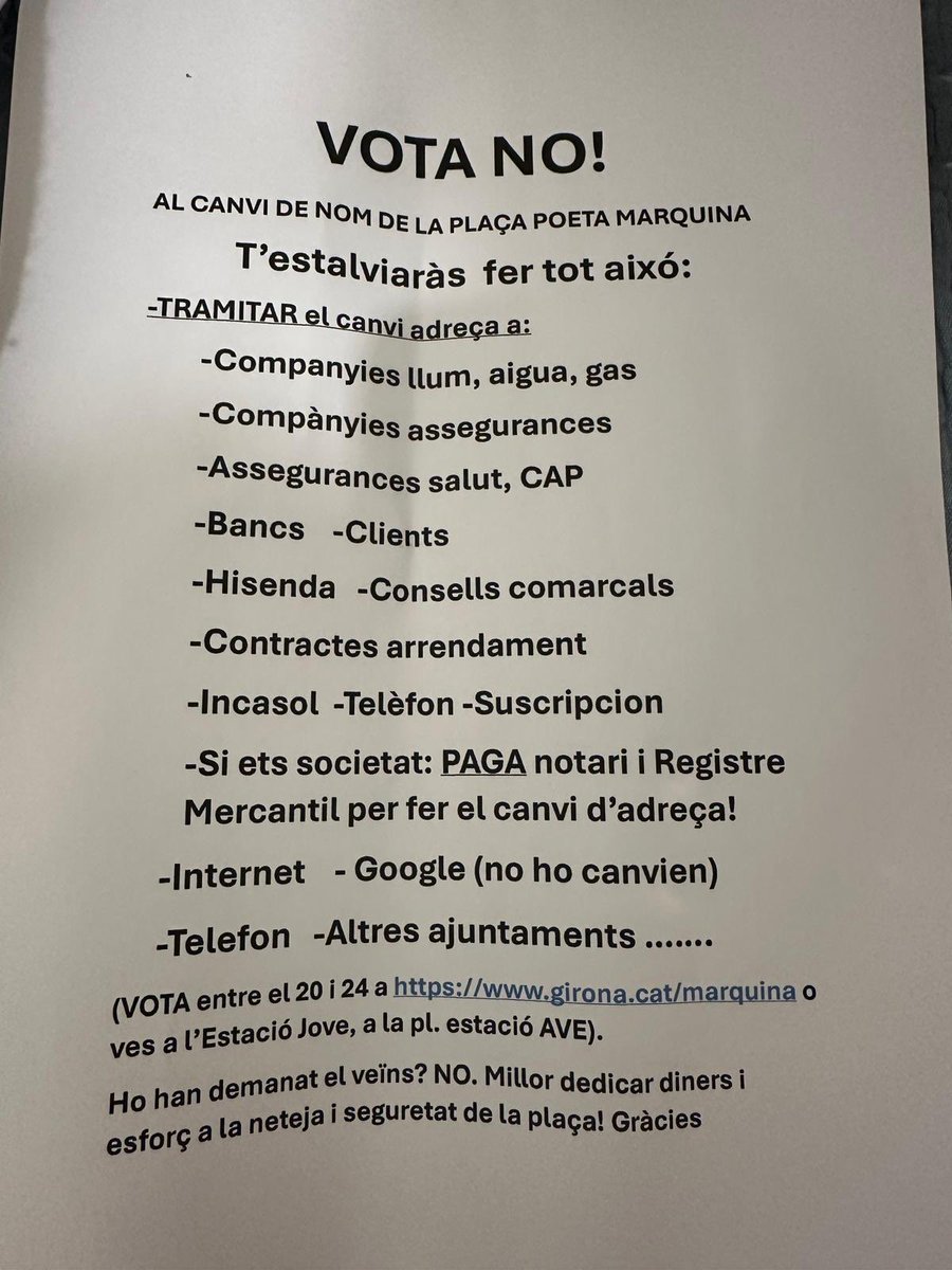 Fent justícia a la història, ens proposen recuperar el nom de Pl. Del Carril i treure el de Poeta Marquina, posat pel franquisme en agraïment als serveis prestats al règim. 
Algú que s’amaga, però, es dedica a escampar mentides als pisos de la plaça perquè li fa mandra el canvi👇🏾