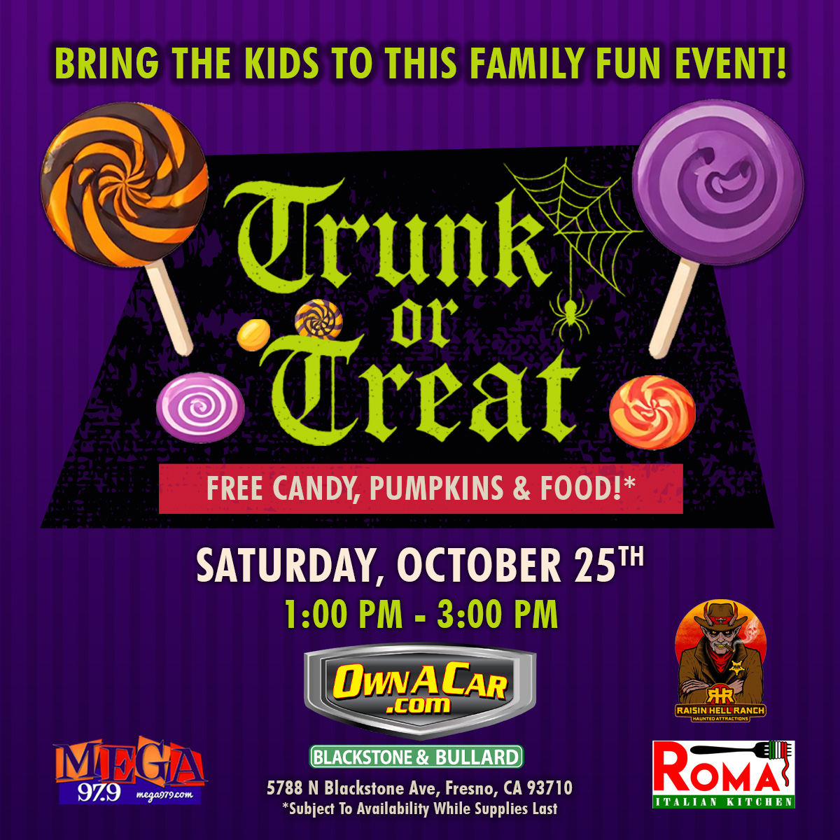 Join <a href="/Mega979/">Mega 97.9</a> this Saturday at Own A Car. Bring the kids for our #TrunkOrTreat. Show off your best costume &amp; enter to win Raisin Hell Ranch tix, gift cards &amp; more. 

And don't forget free pumpkins, candy and free pizza courtesy of Roma Italian Kitchen ... while supplies last.