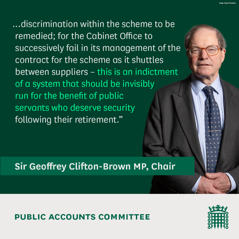 CommonsPAC's tweet photo. New report: Civil Service Pensions 📃

Our report lays out successive government failures in the administration of the pension scheme and calls for @cabinetofficeuk transparency on contractors' commitment to union recognition.

Read more 👇