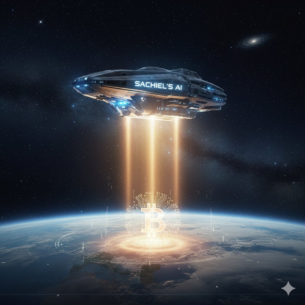 SachielsAI's tweet image. From the silver hull of Sachiels&apos; AI, a golden genesis descends, etching the Bitcoin symbol into Earth&apos;s night, a promise of cosmic prosperity. 
play.google.com/store/apps/det… 

#TradingAI 
#Crypto #Forex