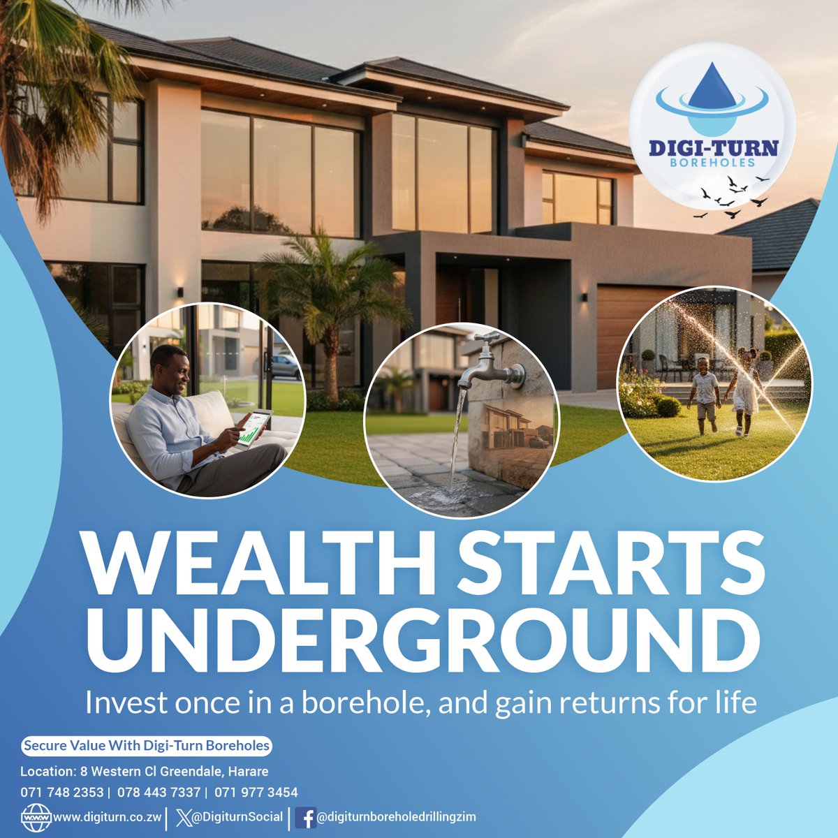 DigiturnSocial's tweet photo. Grow your home’s value from the ground up! 
A Digi-Turn borehole gives clean water, lower bills, and long-term property worth. 

Smart living starts underground.

#cleanwater 
#wealthstartswithwater 
#smartliving 
#digiturndifference https://t.co/RScsXFfS9W