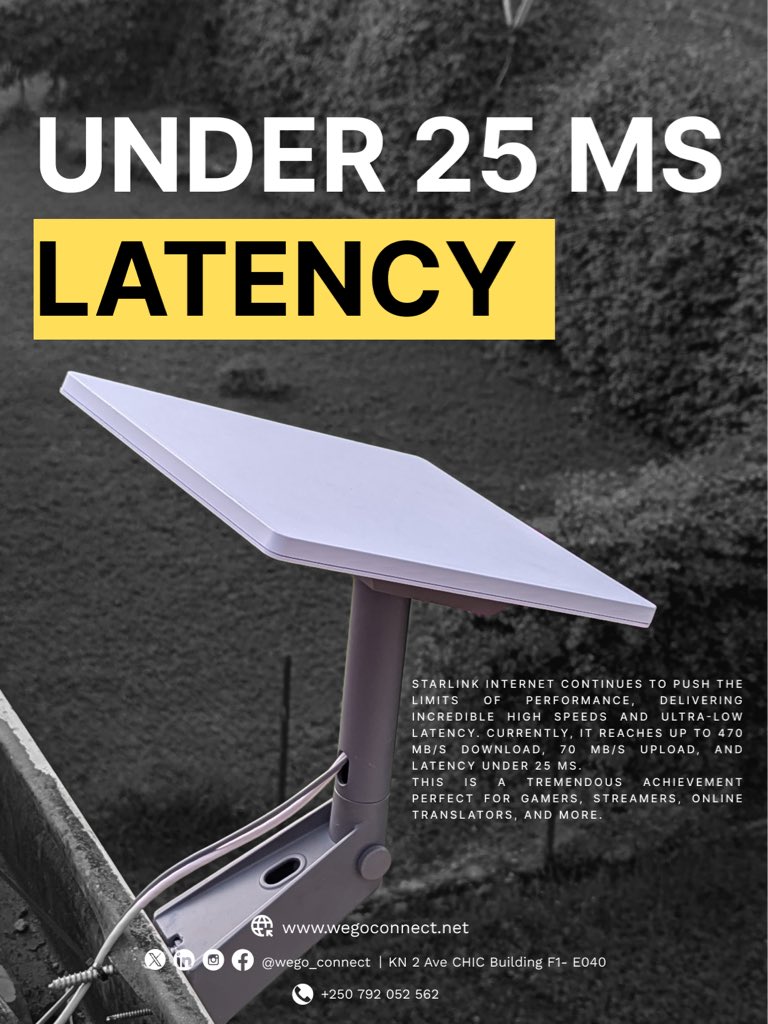 Experience true speed — Starlink’s ultra-low latency internet now in Rwanda.
Under 25 ms means seamless gaming, streaming, and productivity like never before