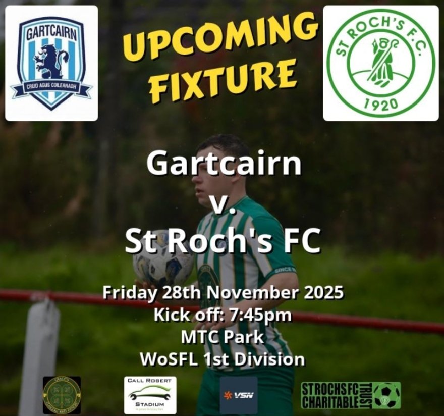 FIXTURE UPDATE - FRIDAY NIGHT FOOTBALL IN NOVEMBER
Our away fixture against Gartcairn at MTC Park has been brought forward by a day to Friday 28th November with a 7.45pm kick off.
We'd like to offer our thanks to Gartcairn for agreeing to this change.