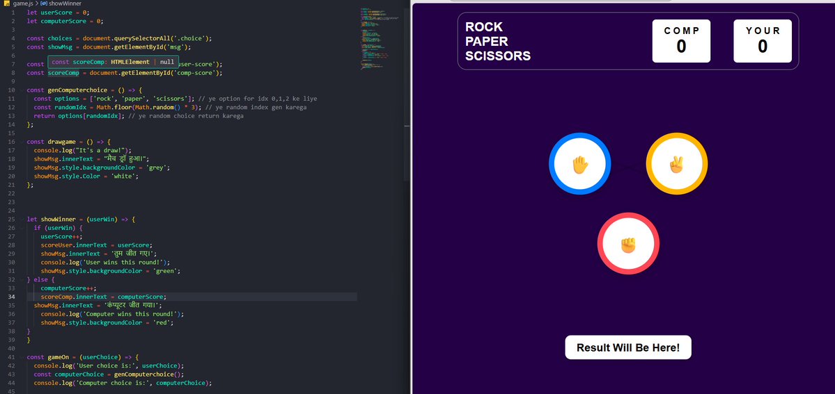 tarunsazzlan's tweet image. Built a Rock Paper Scissor game in JS today. Got to dive more into DOM and event handling.
won't stop until.....
#WebDevelopment #LearnInPublic #javascriptlearning