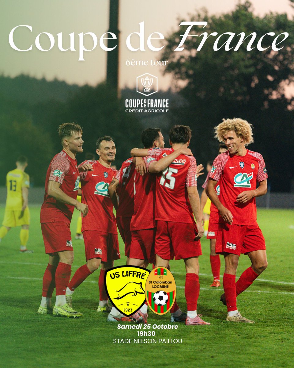 𝘜𝘚 𝘓𝘪𝘧𝘧𝘳𝘦́ – 𝘚𝘢𝘪𝘯𝘵-𝘊𝘰𝘭𝘰𝘮𝘣𝘢𝘯 𝘓𝘰𝘤𝘮𝘪𝘯𝘦́

📷 Rendez-vous ce samedi à 19h30 pour le 6ᵉ tour de la Coupe de France ! Nos Locminois se rendront sur la pelouse de l’US Liffré (R1) au Stade Nelson Paillou, avec l’objectif de poursuivre leur belle aventure.
