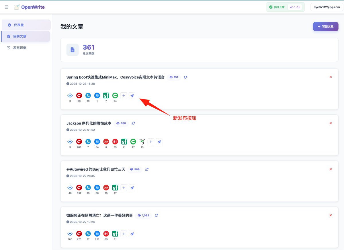 CoderDD's tweet image. OpenWrite.cn 小更新一下,响应用户建议。把原文在文章编辑里的发布按钮移动到文章列表这里。文章编辑页面,只关注文章内容本身,列表也页来实现文章发布和数据采集。