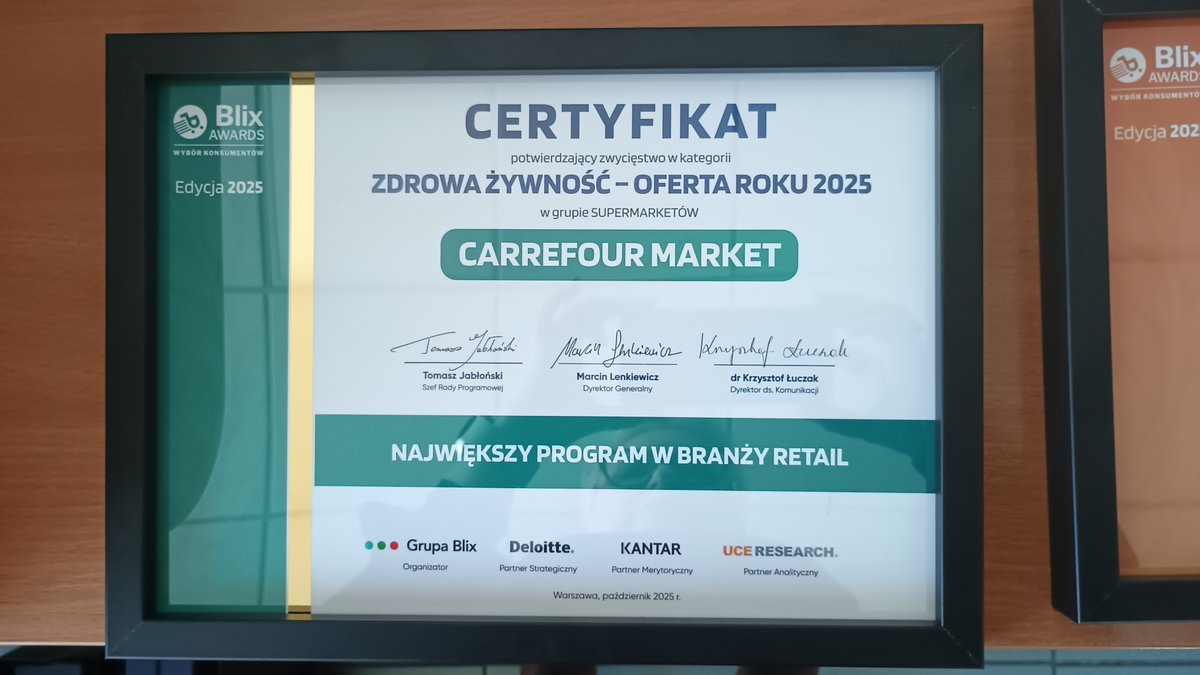 #NAGRODA:
Z ogromną przyjemnością informujemy, że #CarrefourPolska zdobył aż 2 nagrody podczas 6. edycji gali #BLIXAwards: w kategorii TRENDY I NOWOŚCI w grupie sklepów #HIPERMARKET oraz w kategorii ZDROWA ŻYWNOŚĆ - OFERTA ROKU 2025 w grupie sklepów #SUPERMARKET. Dziękujemy!