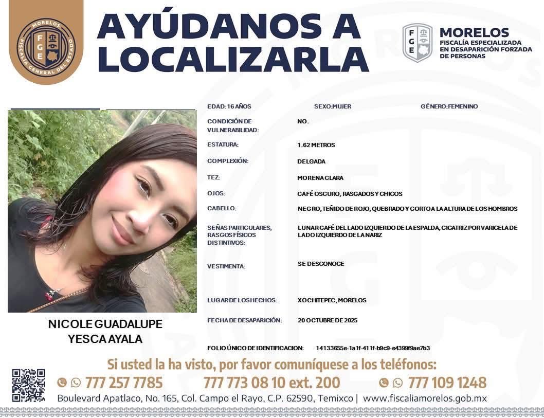 #HastaEncontrarteNicoleYesca, alumna de la querida #LauraBL. La joven de 16 años, Nicole Guadalupe Yesca Ayala, desapareció el pasado lunes 20 de octubre, en el municipio de #Xochitepec. Las primeras horas son de vital importancia para su localización, ayudemos a compartir…