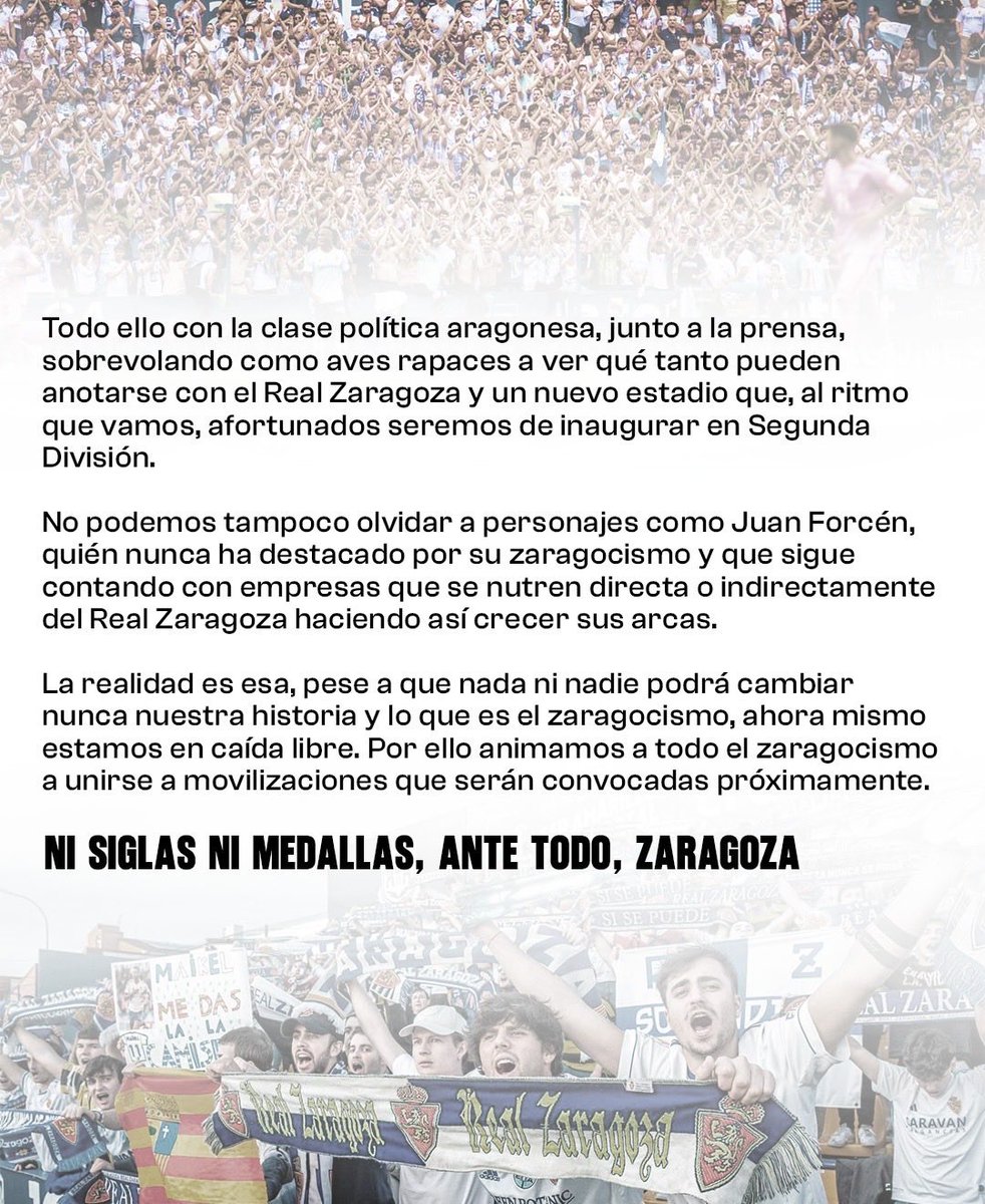 Ligallo1986's tweet image. ESTAMOS HARTOS.
Al Real Zaragoza solo le queda la afición y como hemos hecho siempre, allí estaremos para salvarlo.
Animamos a todos los zaragocistas a hacer de nuestra lucha la suya, dejando de lado las siglas y medallas.
ANTE TODO ZARAGOZA.