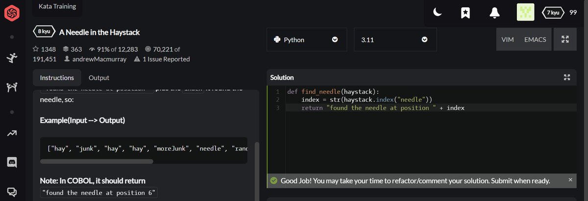 mazinger_data's tweet image. Day 12 of #100daysofcode
I just completed a really cool #Codewars challenge to find a needle in a haystack. It's a really good way to refresh #Python methods.
I also replicated the min() method, exercise #12 of Al Sweigart's book
Learn. Share. Be grateful 😎
