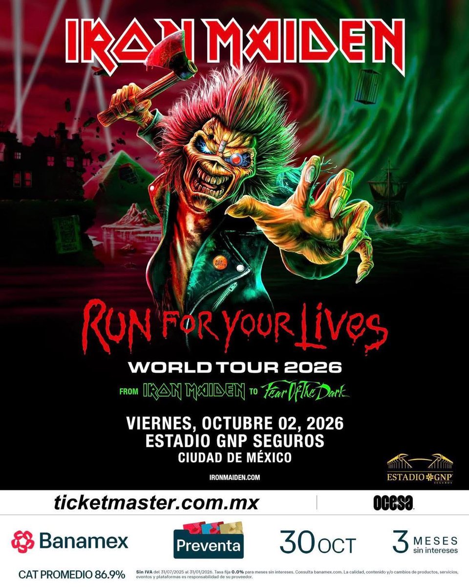 intensemetal666's tweet image. Iron Maiden vuelve a México en 2026 🇲🇽 
2 de octubre, Estadio GNP Ciudad de México 

Preventa Banamex — 30 de octubre a través de Ticketmaster

@IronMaiden #IronMaiden #IntenseMetal