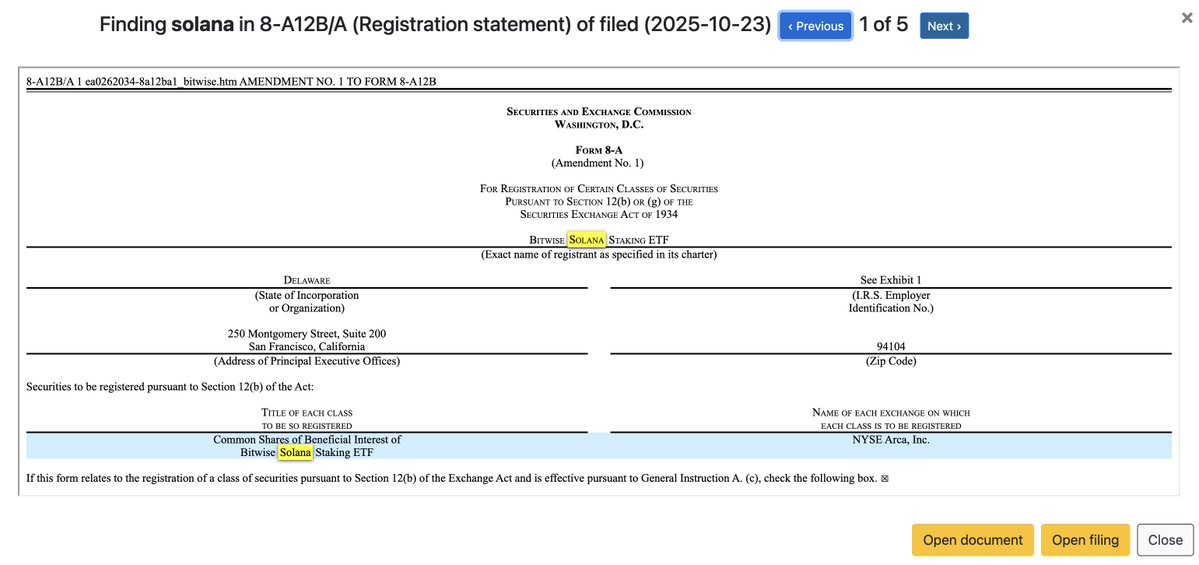 Screenshot of SEC Filing for Bitwise Solana Staking ETF Amendment