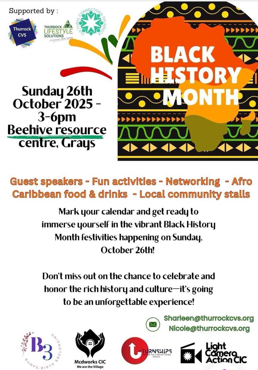 This Saturday! 🎉
Join us 3-6pm at the Beehive Resource Centre, Grays for our FREE community event celebrating #BlackHistoryMonth &amp; #NationalHCAW 💙

Let’s stand together for unity, pride, and inclusion.
#WeStandTogether #SpreadLoveNotHate
<a href="/Thurrockcvs/">Thurrock CVS</a> <a href="/choicandcontrol/">choice&control</a>
