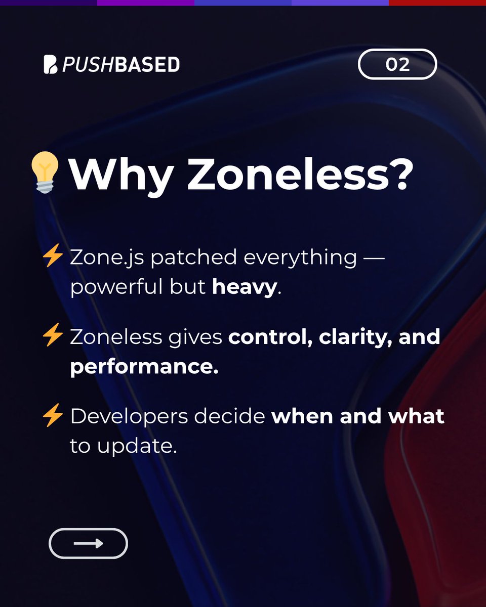 PushBased's tweet image. 🚀 Angular v21 just went zoneless — by default!
Zone.js is now opt-in, giving Angular devs more control, cleaner reactivity, and faster runtime performance. No more global patching — just lean, predictable change detection. 🤩 
In our latest blog post, we break down:
✅ Why…