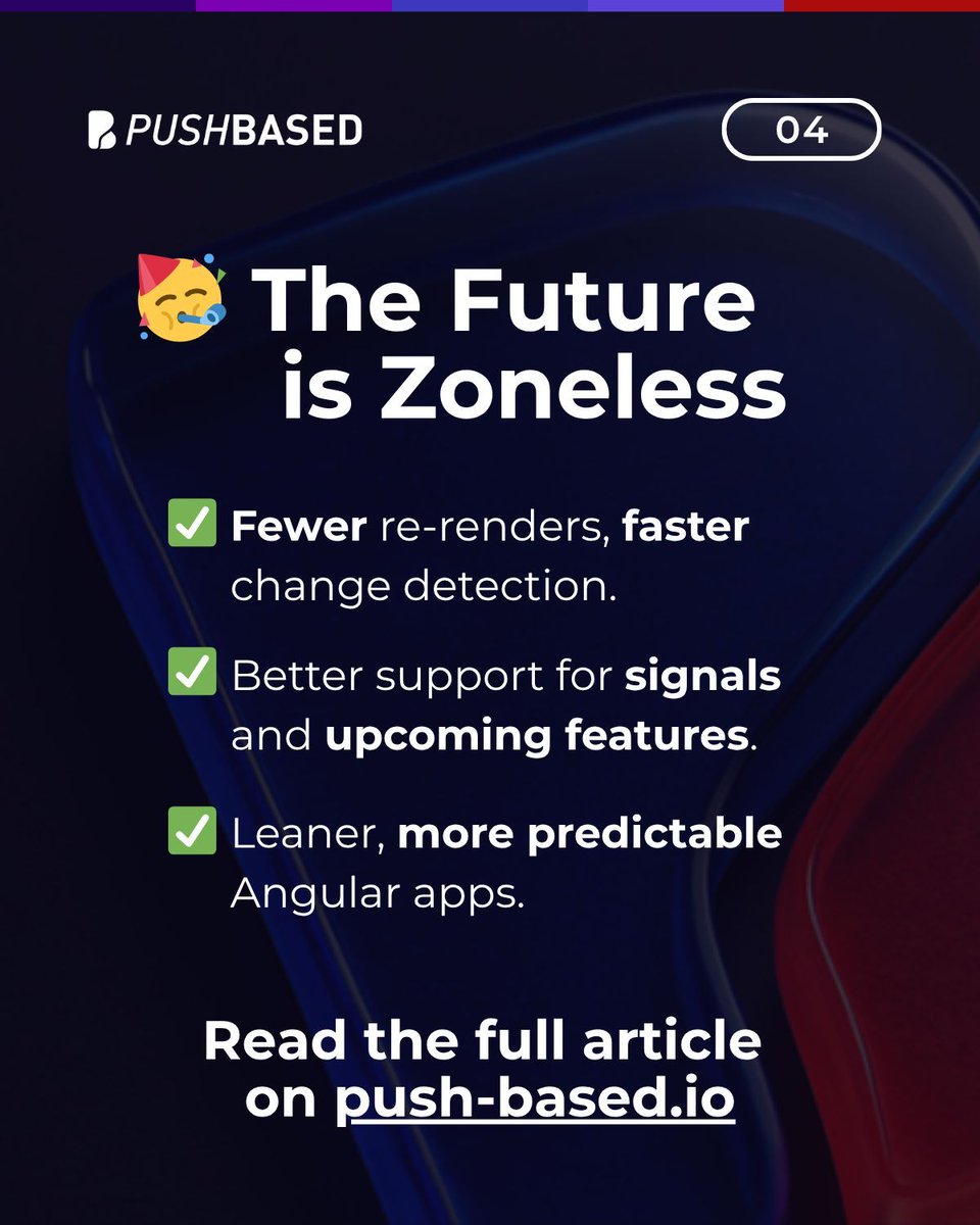 PushBased's tweet image. 🚀 Angular v21 just went zoneless — by default!
Zone.js is now opt-in, giving Angular devs more control, cleaner reactivity, and faster runtime performance. No more global patching — just lean, predictable change detection. 🤩 
In our latest blog post, we break down:
✅ Why…