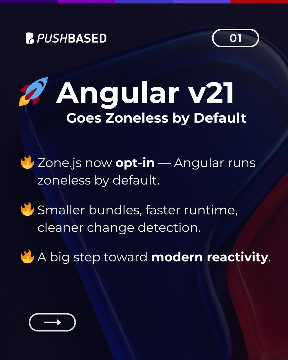 PushBased's tweet image. 🚀 Angular v21 just went zoneless — by default!
Zone.js is now opt-in, giving Angular devs more control, cleaner reactivity, and faster runtime performance. No more global patching — just lean, predictable change detection. 🤩 
In our latest blog post, we break down:
✅ Why…