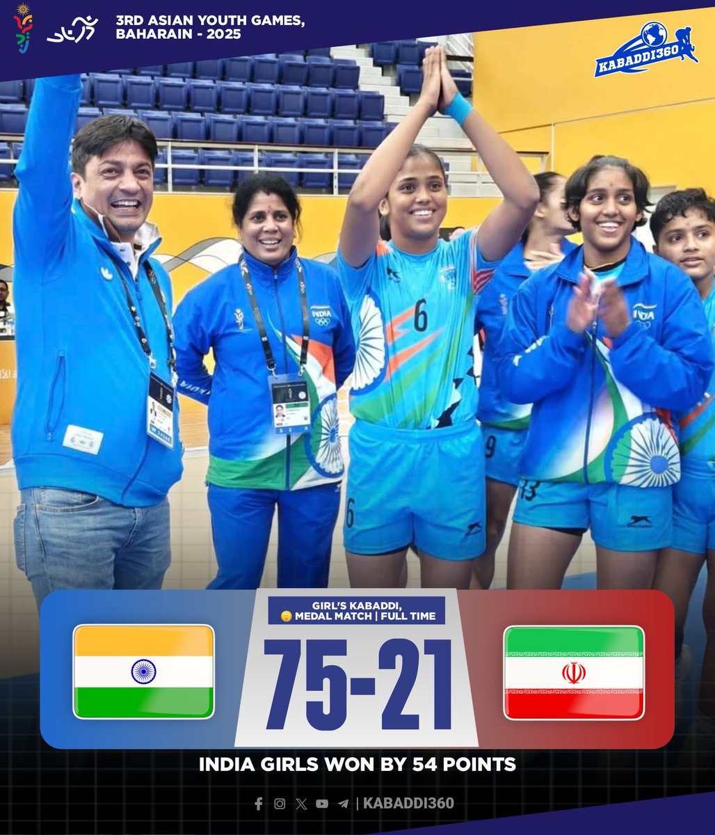 Pk3Premnath's tweet photo. Congratulations indian Girls Create History! 🇮🇳🏆🔥
Defeating Iran in the final, the Indian Girls Kabaddi Team clinch the first-ever Gold Medal in Asian Youth Games history! 🥇 

#TeamIndia
#AsianYouthGames #Kabaddi #IndvsIran  #GoldMedal https://t.co/78GDaXboXx