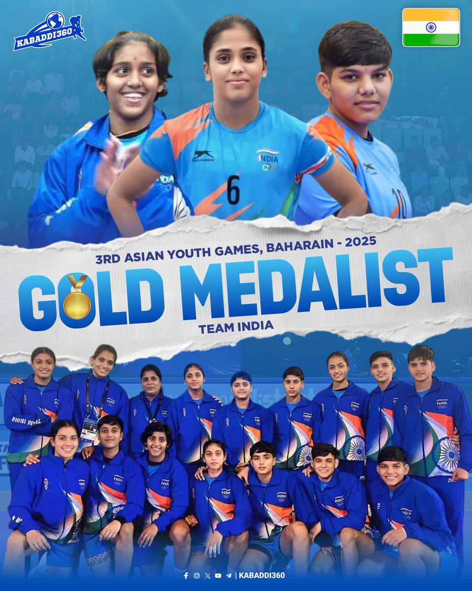 Pk3Premnath's tweet photo. Congratulations indian Girls Create History! 🇮🇳🏆🔥
Defeating Iran in the final, the Indian Girls Kabaddi Team clinch the first-ever Gold Medal in Asian Youth Games history! 🥇 

#TeamIndia
#AsianYouthGames #Kabaddi #IndvsIran  #GoldMedal https://t.co/78GDaXboXx