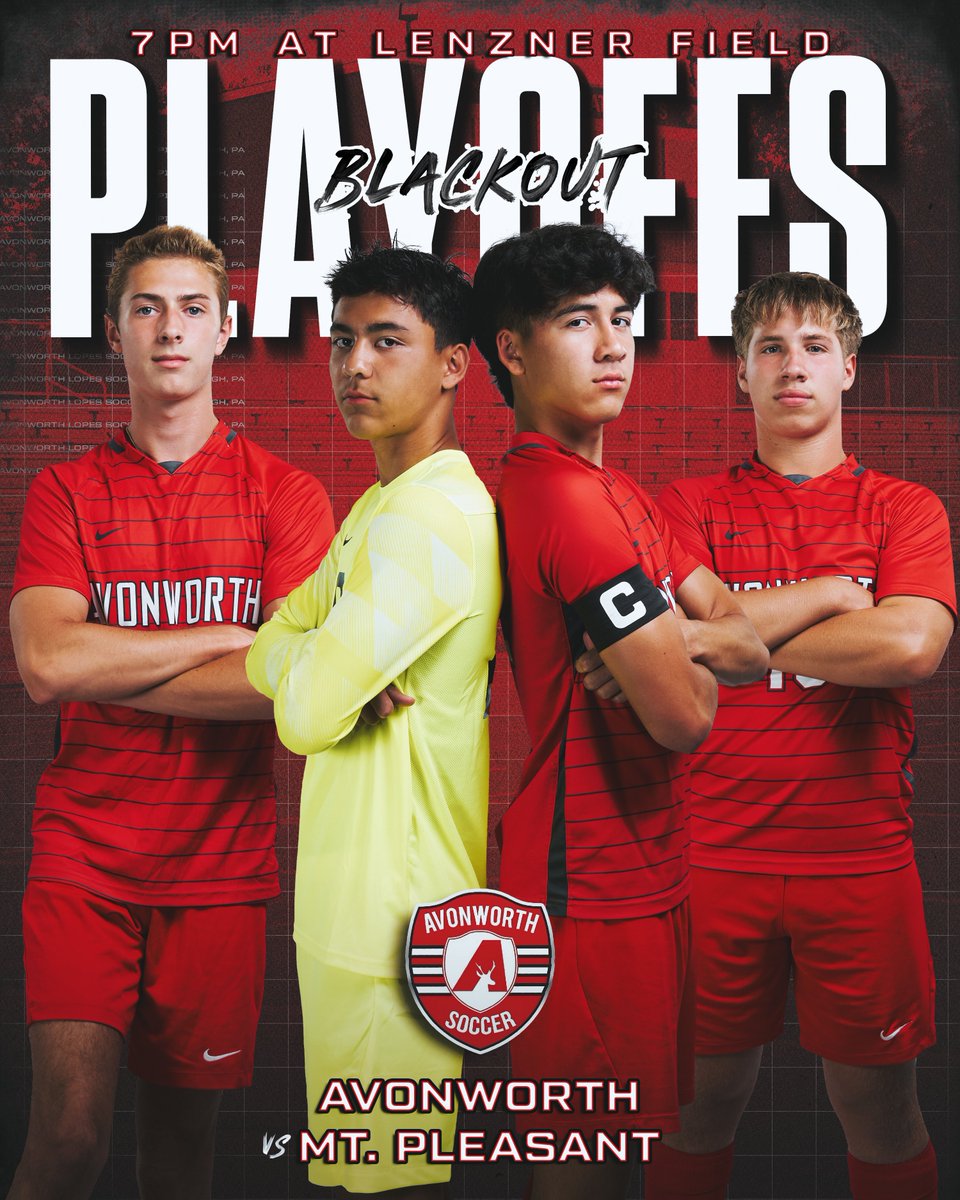 Tonight at 7:00 at Lenzner: Avonworth Boys Soccer vs Mt. Pleasant — Round Two Playoffs! Wear black and show out! #PlayoffTime #BlackOut