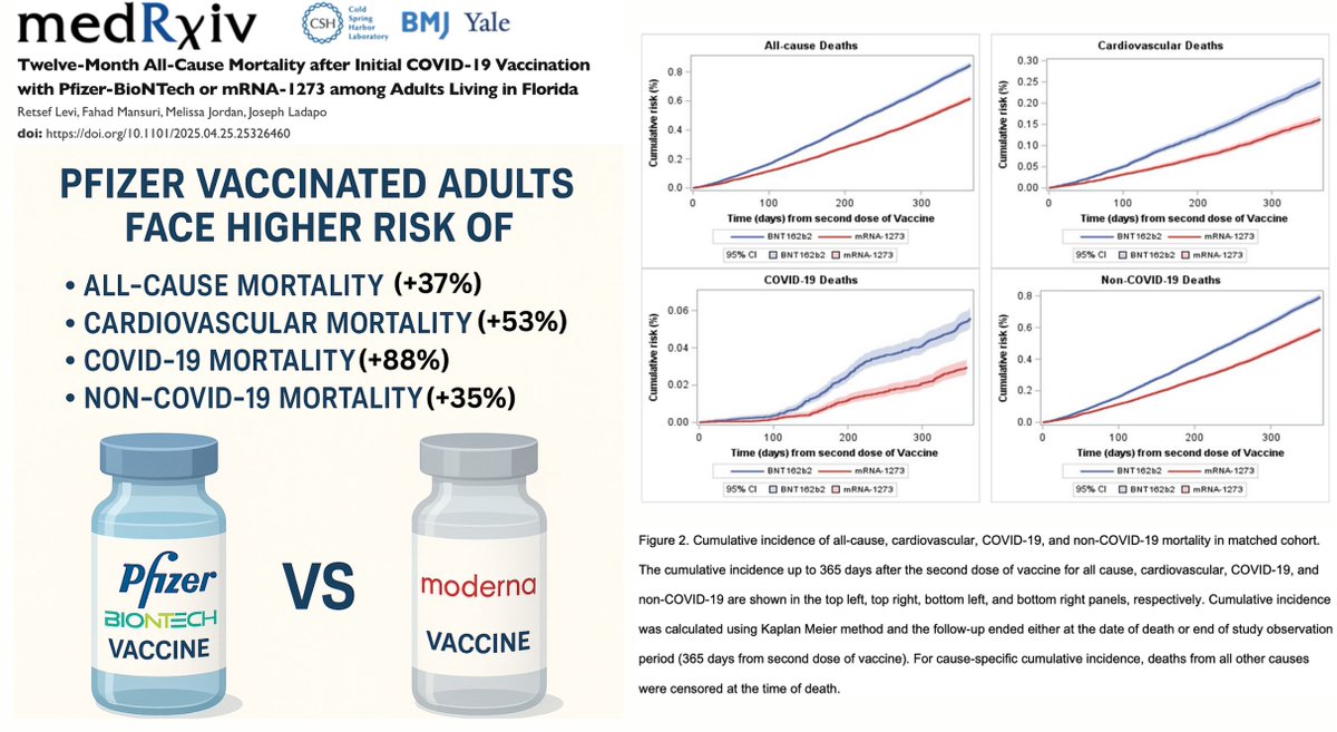NicHulscher's tweet image. 🚨STUDY: Pfizer Recipients Face 37% Higher Risk of Death Than Moderna Recipients
Analysis of 1.47 MILLION Florida adults by @RetsefL + @FLSurgeonGen finds Pfizer is FAR more deadly than Moderna.
📍 All-Cause Death: +37%
📍 Cardiovascular Death: +53%
📍 COVID Death: +88%
📍…