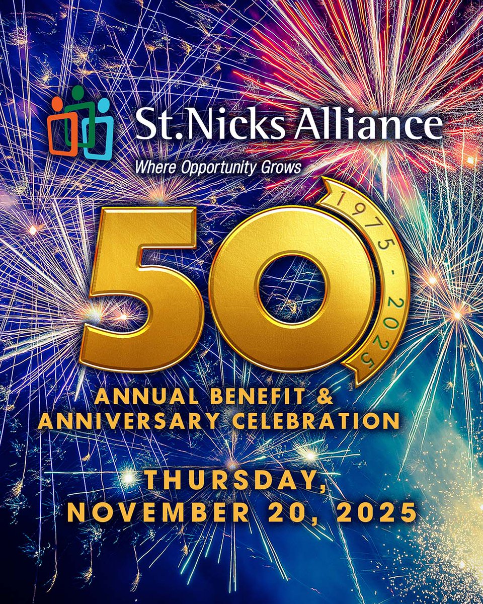 This November, we are celebrating a legacy of impact—50 years of St. Nicks Alliance!  

Join us for a milestone evening filled with food, fun, and festivities 🥂 

For tickets, ads, and sponsorship opportunities: stnicksalliance.networkforgood.com/events/88011-s… 

#brooklyn #nyc #gala #benefit